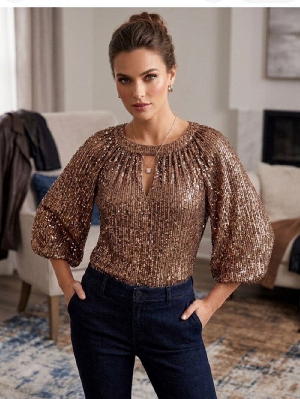 Vince Camuto Rose Gold Sequin Top with Keyhole